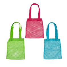 You're going to need these if you're taking a trip to the beach! Featuring an assortment of vibrant colors, these mesh tote bags are fun handouts for a pool, luau or beach-themed birthday party or event. Simply fill them with a pair of cool shades, toys and other party favors from this website! Polyester. 10" x 12" with 8 1/2" handles. © OTC Summer School Mesh Bags, Cheap Colorful Beach Bag, Colorful Rectangular Beach Bag, Mesh Beach Bags For Summer, Fun Multicolor Rectangular Beach Bag, Mesh Tote Bag For The Beach, Summer Beach Mesh Bags, Multicolor Eco-friendly Beach Bag For Spring, Multicolor Plastic Beach Bags