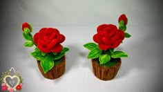 two red roses are placed in small wooden vases with green leaves and flowers on them