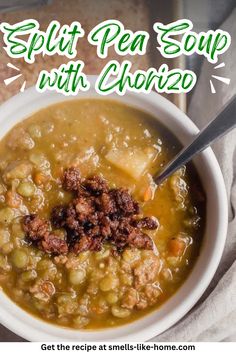 split pea soup with chorizzo in a white bowl on top of a table