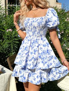 Women'S Resort Style Square Neck Floral Print Puff Sleeve Ruffle Hem Dress Blue and White Boho  Short Sleeve Woven Fabric Floral,All Over Print A Line Non-Stretch  Women Clothing, size features are:Bust: ,Length: ,Sleeve Length: Summer Puff Sleeve Dress With Ruffles, Puff Sleeve Mini Dress With Ruffle Hem For Beach, Casual Puff Sleeve Dress With Ruffles For Beach, Summer Tiered Puff Sleeve Dress With Ruffles, Vacation Puff Sleeve Dress With Square Neck And Ruffles, Vacation Puff Sleeve Dress With Ruffles And Square Neck, Square Neck Puff Sleeve Dress With Ruffles For Vacation, Puff Sleeve Mini Dress With Ruffles For Vacation, Summer Puff Sleeve Dress With Ruffles For Vacation