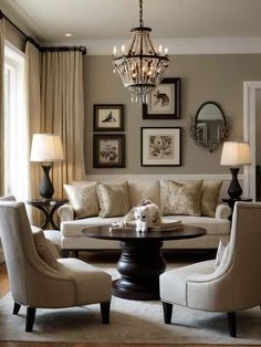 a living room filled with furniture and a chandelier