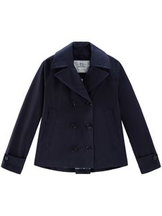 blue cotton water-resistant wind-resistant pleat detailing wide notch lapels long sleeves buttoned cuffs double-breasted button fastening straight hem Yoko London, Double Breasted Jacket, Exclusive Fashion, Workout Jacket, Ballet Flat Shoes, Ski Wear, Coat Dress, Jacket Tops, Outerwear Jackets