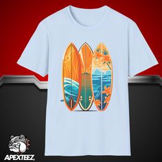 Embrace the beach vibes with this surfboard graphic tee. Perfect for those who love summer and surfing, this stylish t-shirt features a vibrant surfboard design, capturing the essence of ocean adventure and coastal living. Ideal for casual outings, beach days, or surf sessions, this tee is a must-have for surf enthusiasts and beach lovers alike. Comfortable and trendy, it makes a great addition to any wardrobe. Get ready to ride the waves with this coastal surfing t-shirt. Product Features: Fabrication: 100% ring-spun cotton - Light fabric (4.5 oz/yd² (153 g/m Seams: Without side seams Fit: Eurofit Sizing: Runs true to size Label: Tear-away label Casual Short Sleeve T-shirt For Water Sports, Blue Summer T-shirt For Surfing, Blue Beach T-shirt With Front Print, Casual Short Sleeve Tops For Water Sports, Summer Water Sports Short Sleeve T-shirt, Crew Neck Tops For Water Sports In Summer, White Sublimation Design Beachwear For Summer, White Sublimation Design For Summer Beach, White Sublimation Design For Beach In Summer