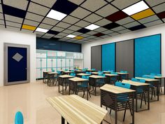 an empty classroom with desks and chairs in front of a blue screen on the wall