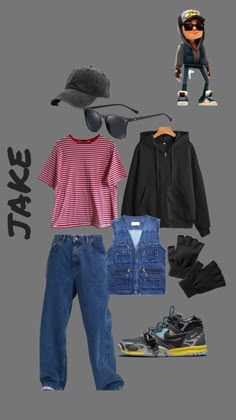 an assortment of clothing and shoes on a gray background with the word skate written in black