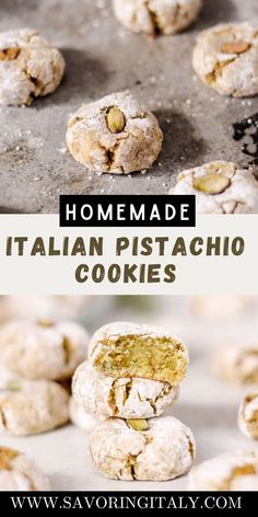 homemade italian pistachio cookies stacked on top of each other with the title overlay