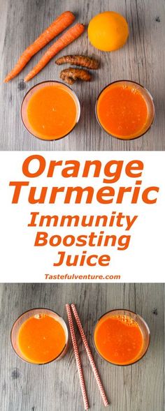 an orange turment is in two bowls with carrots next to it and the words, orange turment immunity booster juice