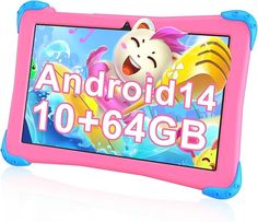 a pink and blue children's tablet with an image of a cartoon character on it