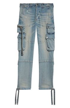 When it comes to combining beloved denim with the cargo comeback, Amiri completes the mission with pocket-popped jeans cut with plenty of stretch. Zip fly with button closure Front patch pockets; cargo snap-flap pockets; cargo zip pocket Drawstring hems 92% cotton, 6% elastomultiester, 2% elastane Dry clean Made in the USA Designer Clothing Distressed Utility Jeans, Distressed Straight Leg Utility Cargo Jeans, Utility Style Distressed Straight Leg Cargo Jeans, Distressed Utility Cargo Jeans In Medium Wash, Distressed Medium Wash Utility Cargo Jeans, Utility Style Distressed Medium Wash Cargo Jeans, Utility Distressed Medium Wash Cargo Jeans, The Mission, Cargo Jeans