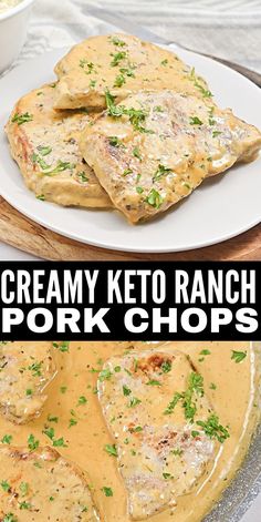 creamy keto ranch pork chops on a white plate