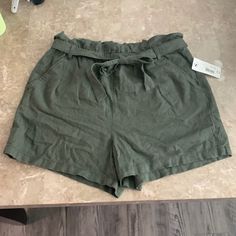 Brand New Paper Bag Style Linen Blend Shorts In Oregano (Army Green/Olive). High Waist Shorts With Tie Belt New Paper, Tie Shorts, High Waist Shorts, Green Olive, Bag Style, Tie Belt, Oregano, High Waisted Shorts, Army Green