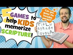 a man holding up a sign that says games to help kids memoize scripture