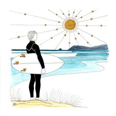 a drawing of a man holding a surfboard looking out at the ocean and sun