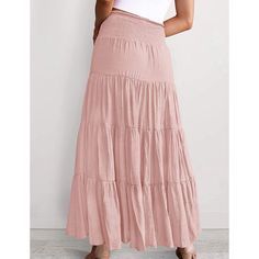 Pink Bohemia Pleated High Waist Maxi Skirt Non-stretch Solid Color Tiered Skirt, Spring Flowy Maxi Skirt Solid Color, Spring Flowy Maxi Skirt In Solid Color, Flowy Solid Color Maxi Skirt For Spring, Non-stretch Tiered Maxi Skirt For Spring, Non-stretch Gathered Maxi Skirt For Spring, Casual Fitted Maxi Skirt With Gathered Detail, Pink High Waist Non-stretch Skirt, Pink Non-stretch Pleated Maxi Skirt