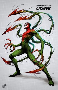 a drawing of a man with red and green paint on it's body, arms and legs