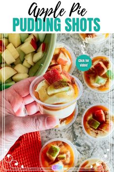 an image of apple pie pudding shots with text overlay that reads apple pie pudding shots