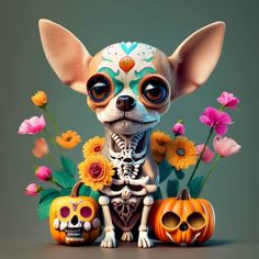 a small chihuahua dog sitting next to two pumpkins and flowers on a gray background