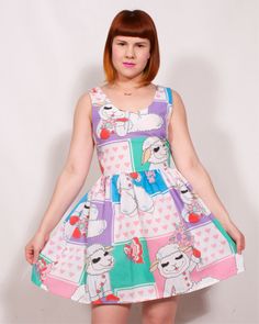 "Oh my gosh, you guys! Do you remember Lambchop? That adorable puppet that taught all us 90s kids about good deeds and friendship? Celebrate her awesomeness in this great dress made from like-new, printed kids sheets. The dress is fitted on top with two side bust darts. Sleeves and neckline are finished with a half-facing. The bottom of the dress has been gathered at the waist and flares out slightly. There is a long zipper in the center back so that you can, you know, take it on and off. This d Cute Character Print Dress For Sleepover, Cute Printed Dresses For Playtime, Playful Cotton Dress With Hello Kitty Print, Pink Character Print Dress For Spring, Cute Pink Dresses With Character Print, Cute Pink Dress With Character Print, Playful Printed Dresses For Playtime, Playful Fitted Cartoon Print Dress, Cute Summer Dress With Bunny Print