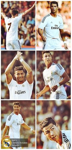 several pictures of the real madrid players in different poses, including one with his arm raised