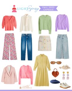 Light Spring Capsule Wardrobe, Spring Color Palette Outfits, Light Spring Outfits, Spring Season Outfit, True Spring Palette, Created Colorful