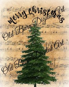 a christmas tree with musical notes in the background and an old - fashioned merry christmas card