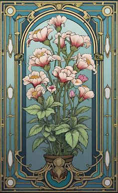 a painting of pink flowers in a vase on a blue and gold background with an ornate frame