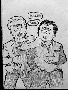 a drawing of two men talking to each other