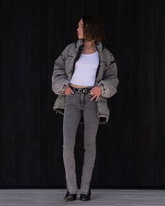 made for everyone, the denim puffer. designed to have the cozy feel of your favorite puffer jacket, but with a denim twist. detailed black stitching and zippers on either side of the jacket are meant create a perfect fit. compliments the slim straight leg jean in faded grey wash. Winter Washed Black Outerwear With Zipper Closure, Washed Black Winter Outerwear With Zipper Closure, Trendy Gray Winter Jeans, Trendy Gray Jeans For Winter, Urban Gray Jeans For Winter, Recycled Yarn, Grey Wash, Grey Denim, Embossed Logo