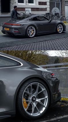 two different views of a car parked in front of a building