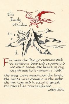 an old book page with a drawing of a dragon flying over a mountain range and the text below it