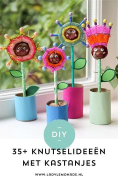 three flower vases with faces on them and the words diy in front of them