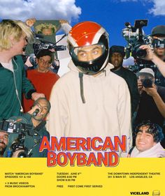 an american boyband movie poster with a man wearing a helmet and surrounded by cameras