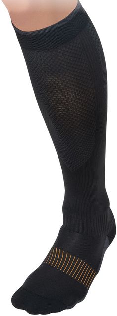 FEATURES: Copper-infused seamless compression socks Arch compression and support for ideal comfort and stabilization Fitted Black Sports Hosiery, Fitted Black Sports Socks, Fitted Breathable Black Socks, Black Knee-high Sports Socks, Black Compression Socks For Sports, Black Compression Knee-high Hosiery, Sporty Compression Breathable Socks, Breathable Black Knee-high Socks, Black Mid-calf Socks