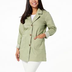 DG2 by Diane Gilman New Classic Stretch City Coat Balancing function and fashion, this denim topper combines the traditional look of a trench coat with the classic cool of a jean jacket. It's the perfect transitional piece for all of your spring and summer styles. Coated Denim Jeans, Kick Pleat, Summer Styles, Green Coat, Draped Fabric, Denim Jean Jacket, New Classic, Denim Coat, Shower Gel