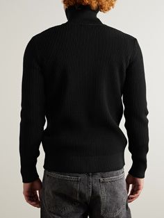 S.N.S. Herning's renowned knitwear is produced using vintage machines. This 'Fender' cardigan is spun from substantial virgin wool in a ribbed stitch. Classic Black Ribbed Cardigan, Classic Black Ribbed Outerwear, Fitted Turtleneck Cardigan With Textured Knit, Fitted Ribbed Turtleneck Cardigan, Fitted Long Sleeve Cardigan With Ribbed Cuffs, Classic Long Sleeve Ribbed Cardigan, Classic Knit Cardigan With Ribbed Collar, Classic Ribbed Turtleneck Outerwear, Classic Merino Wool Ribbed Outerwear