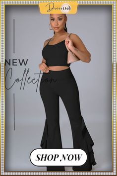 Solid Camisole Crop Top Flare Pants 2 Piece Set Casual Stretch Two-piece Bottoms, Stretch Wide-leg Two-piece Bottoms, Trendy Two-piece Solid Color Bottoms, Trendy Solid Two-piece Bottoms, Solid Color Stretch Two-piece Bottoms, Stretch Wide Leg Two-piece Bottoms Set, Chic Stretch Trousers Sets, Solid Two-piece Set Bottoms For Night Out, 2 Piece Set