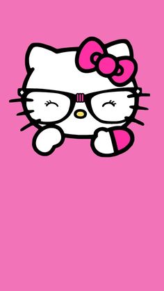 a hello kitty wallpaper with glasses and a bow on it's head in pink