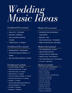 the wedding music ideas flyer is shown in blue and white, with black lettering on it