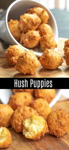 hush puppies on a wooden cutting board with the words hush puppies above them