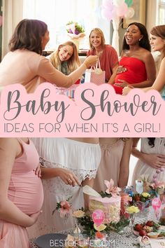 a group of women standing around a table with cakes on it and the words baby shower ideas for when it's a girl