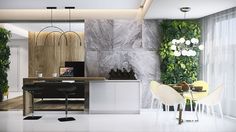 a modern kitchen and dining area with white chairs, marble walls and green plants on the wall