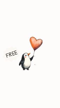 a penguin holding a heart shaped balloon with the word free