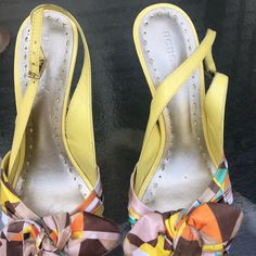 Like New Never Used Yellow Open Toe Heels For Spring, Yellow High Heel Shoes For Spring, Yellow Pointed Toe Sandals For Spring, Yellow Round Toe Heels For Spring, Yellow Synthetic Heels For Spring, Retro Slip-on Heels For Spring, Yellow Pointed Toe Sandals For Summer, Trendy Yellow Heels For Spring, Chic Yellow Heels For Spring