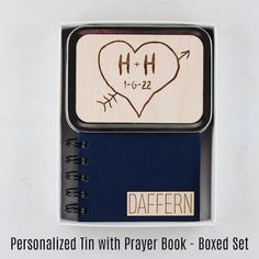 a personalized tin with prayer book - boxed set for him or her by daffenn