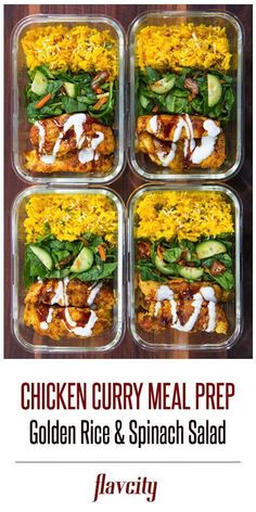 chicken curry meal prep with golden rice and spinach salad in four separate plastic containers