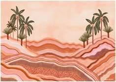 an abstract painting with palm trees and wavy lines in pink, orange, and brown