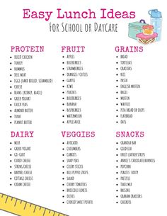 the easy lunch ideas list for school or day care is shown in pink and white