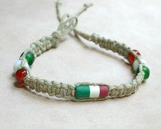 Hemp Bracelet with Italian Flag Beads - sunnybeachjewelry Beaded Bracelet Ideas, Flag Beads, Flag Bracelet, Fimo Beads, Hemp Bracelet, Beaded Jewelry Bracelets, Diy Beaded Bracelets, Hemp Necklace, Hemp Jewelry