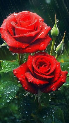 two red roses with water droplets on them