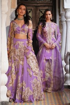 Lavender organza padded kurta with floral print and sequins embroidery. Comes with sharara and a dupatta. - Aza Fashions Astha Narang, Chiffon Lehenga, Blouse Lehenga, Kurta Sharara Set, Kurta Sharara, Sharara Set, Pattern Blouse, Sequins Embroidery, Fashion App